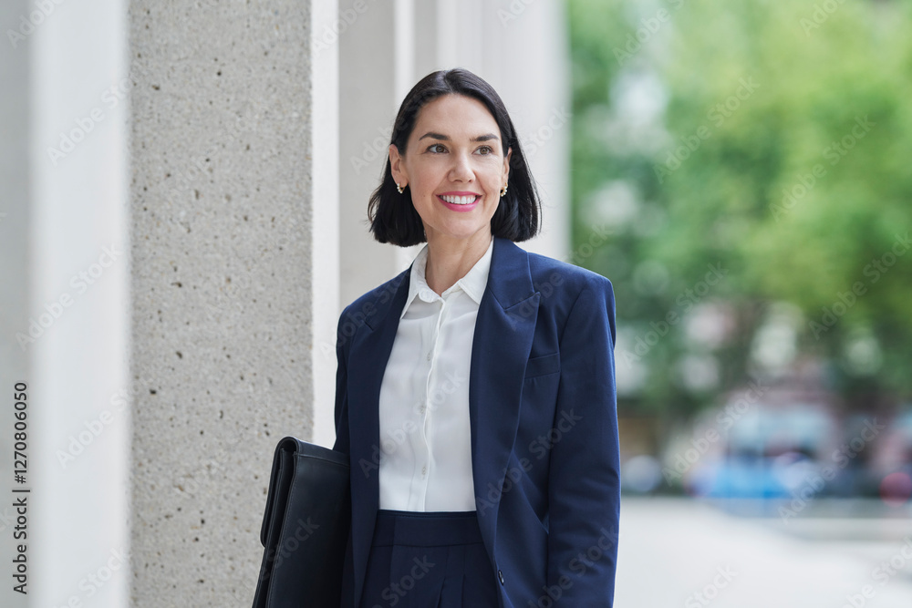 Businesswoman in a suit smiling outdoors at a trade fair Businesswoman in a suit smiling outdoors at a trade fair