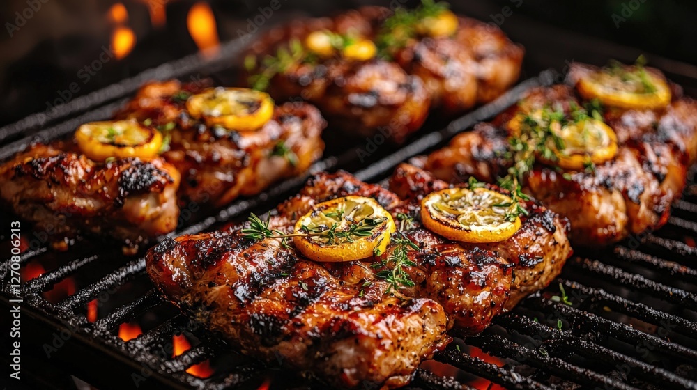Grilled Lemon Herb Chicken Breasts on BBQ Grill with Fresh Herbs Grilled Lemon Herb Chicken Breasts on BBQ Grill with Fresh Herbs
