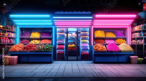 Vibrant Night Market Display with Colorful Stalls and Neon Lights Showcasing Fresh Fruits and Vegetables
