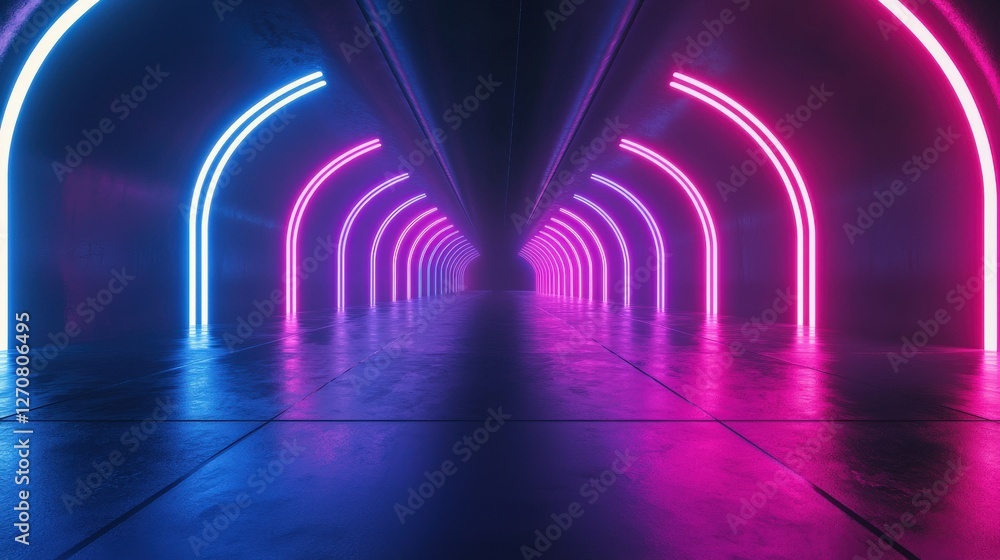 Abstract Background with Neon Organic Spectrum Effects Concept. Neon Light Tunnel with Vibrant Arches and Reflective Floor Abstract Background with Neon Organic Spectrum Effects Concept. Neon Light Tunnel with Vibrant Arches and Reflective Floor