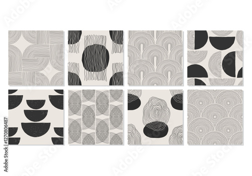 Set of trendy minimalist seamless pattern with abstract creative artistic hand drawn composition