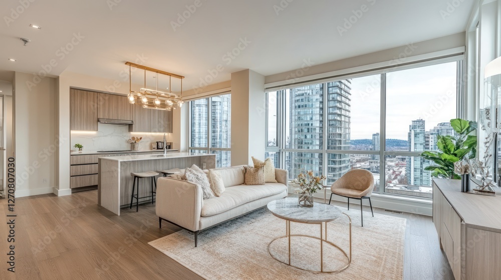 Obraz premium Modern condo living room, city view, luxury apartment, open plan, spacious