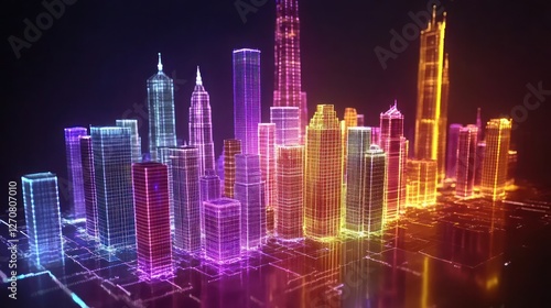 Neon city skyline, digital art, futuristic cityscape, night scene, technology concept