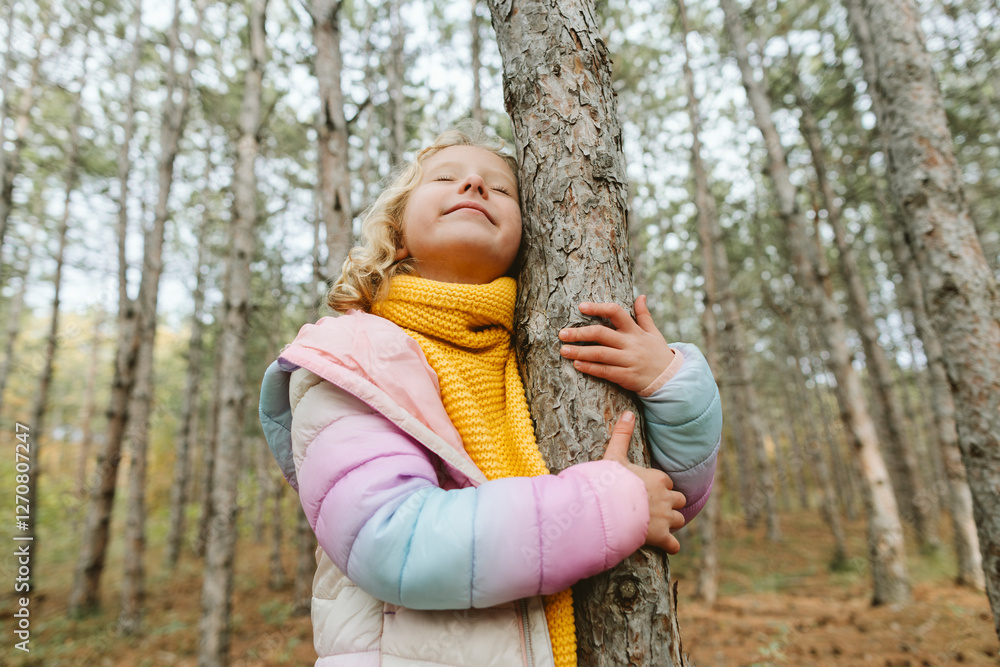 Cute girl embracing tree in forest Cute girl embracing tree in forest