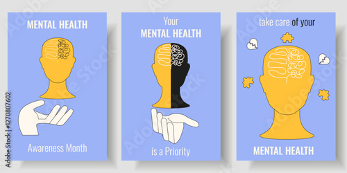 Perfect Mental Health vector illustration. Human head with mental confusion and typography. Set Mental Health bipolar poster cover template design. EPS 10