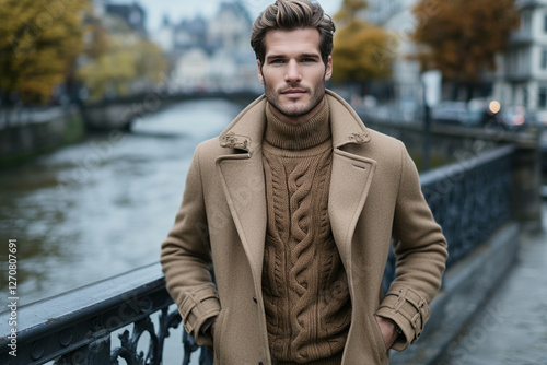 Man in stylish coat and sweater standing on bridge over river photo