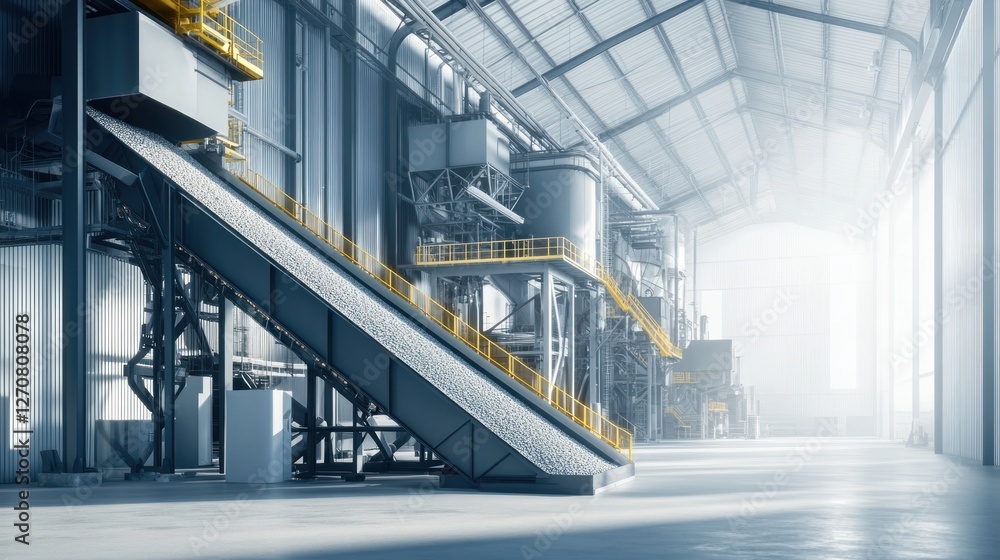 Obraz premium Industrial factory interior, machinery, conveyor belt, sunlight, large space, manufacturing process, industrial background, stock photo