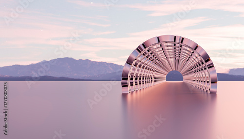 3D render of geometric rings in a serene landscape at sunset photo