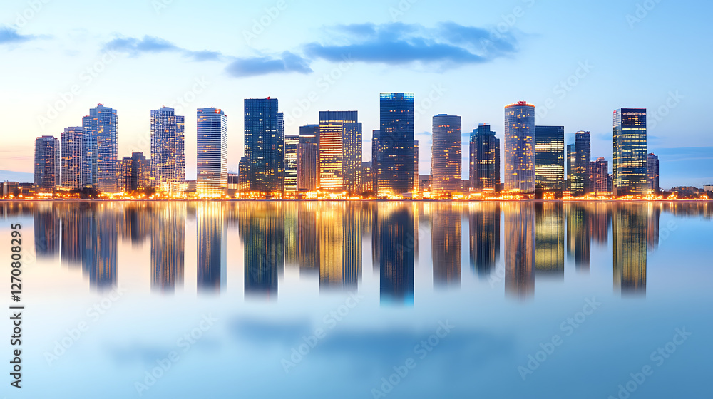Fototapeta premium Reflective Waterscape of Urban Buildings at Twilight hour Cityscape panorama Skyline view