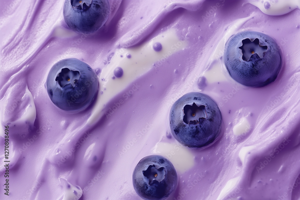 Blueberries on a spread of creamy purple yogurt creating a textured food background Blueberries on a spread of creamy purple yogurt creating a textured food background