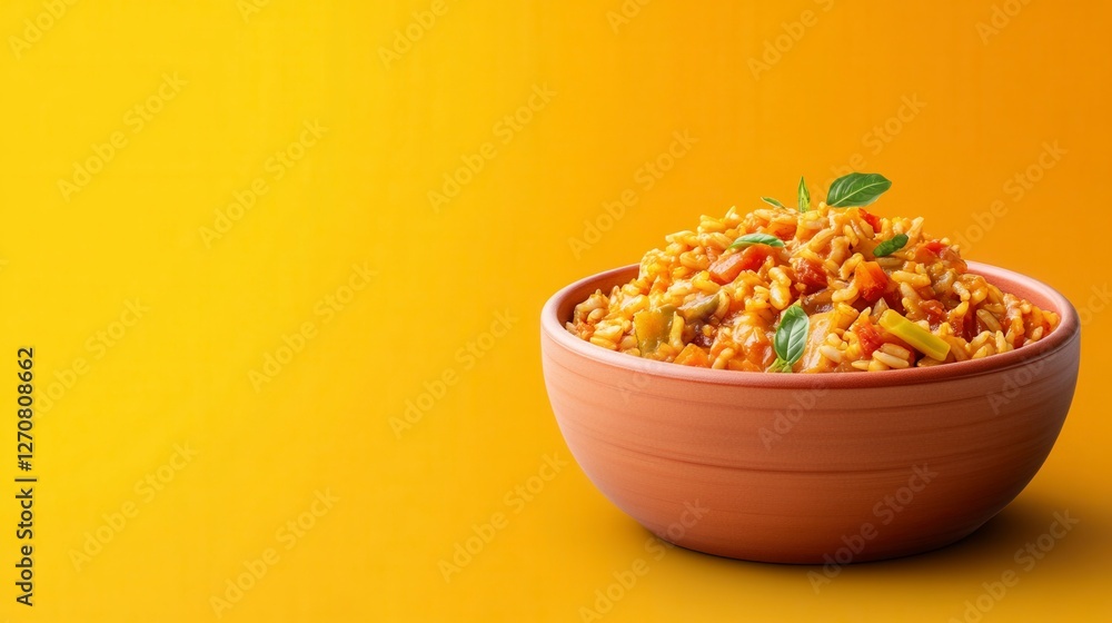 Minimalist Jambalaya in Rustic Bowl on Yellow Background Delicious Food Presentation Minimalist Jambalaya in Rustic Bowl on Yellow Background Delicious Food Presentation