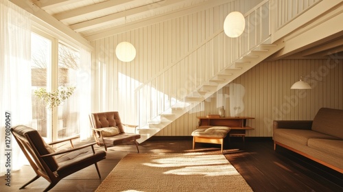 Sunny living room with mid-century furniture, staircase, and large windows