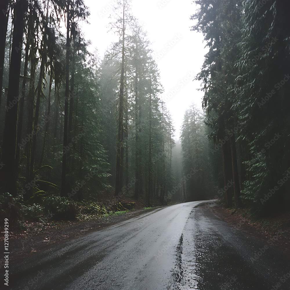 Obraz premium Road Trip Through the Evergreen Forest on a Rainy Day with Dense Vegetation and Mist in the Air