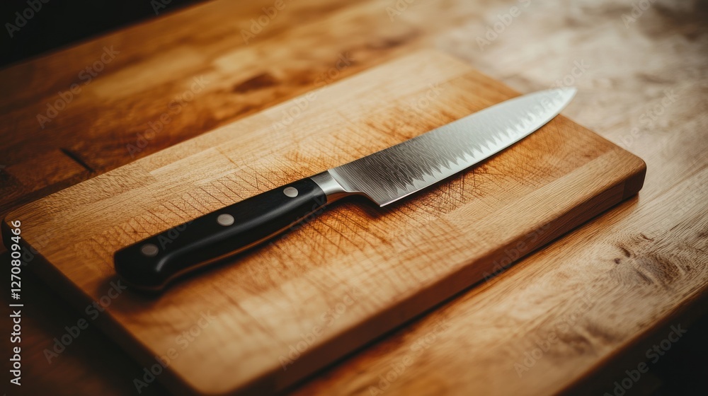 Kitchen knife on wooden cutting board. Recipe prep, cooking background Kitchen knife on wooden cutting board. Recipe prep, cooking background