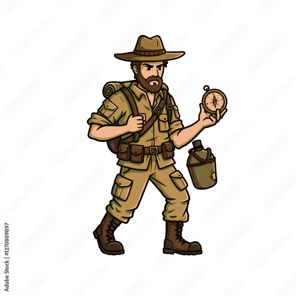 Fototapeta premium Cartoon Adventurer With Compass and Gear in Explorers Outfit