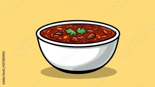 Minimalist Pixel Art of Chili Bowl with Cilantro in White Bowl on Yellow
