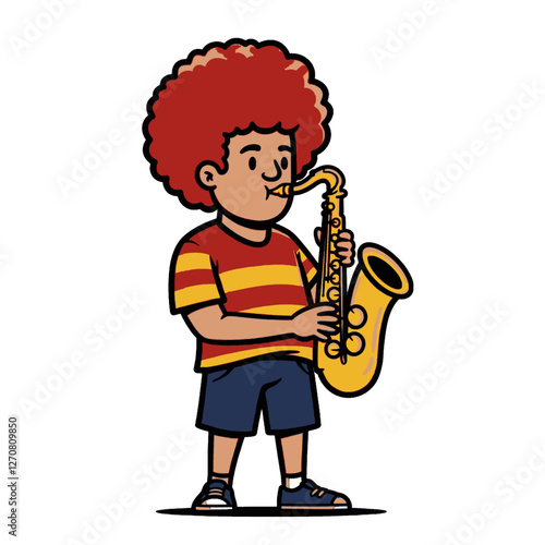 Cartoon Illustration of Young Boy Playing a Saxophone Wearing Colorful Clothes