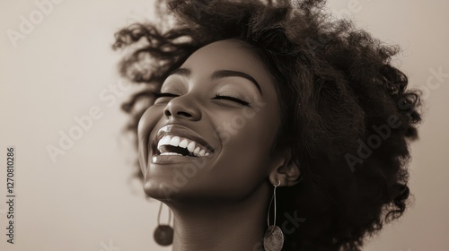 Capturing joy with a radiant smile against a soft background