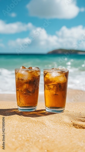Refreshing iced drinks on a sunny beach with crashing waves in the background