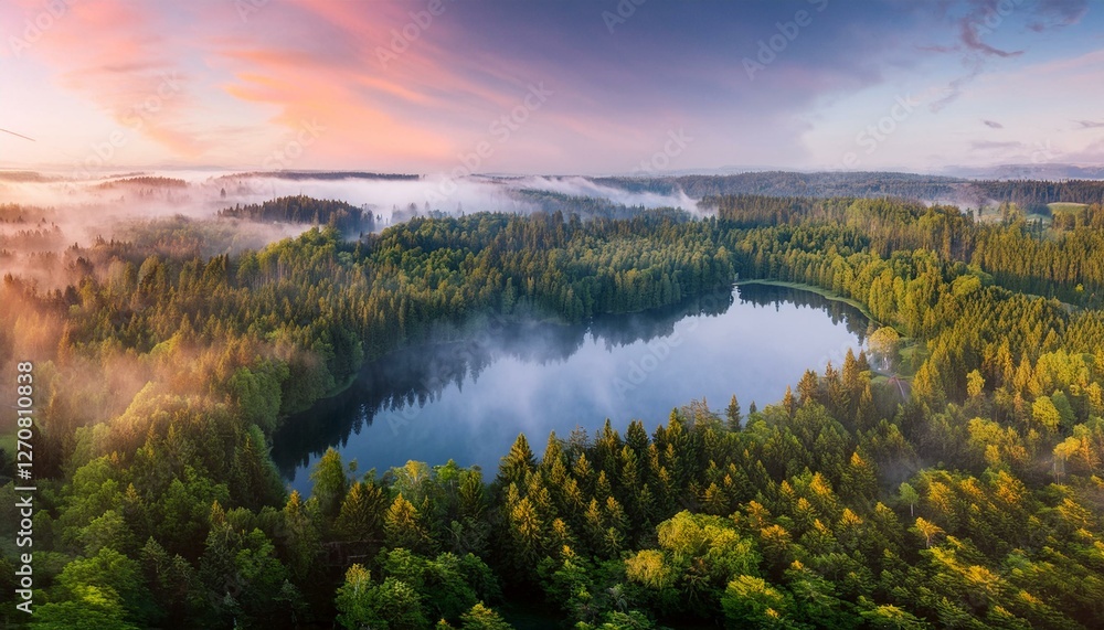 Obraz premium Aerial views reveal misty lake magic. 