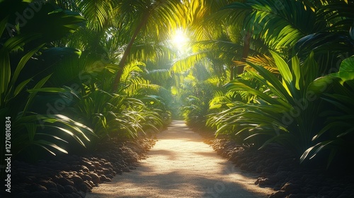 Lush pathway through vibrant tropical rainforest illuminated by soft sunlight