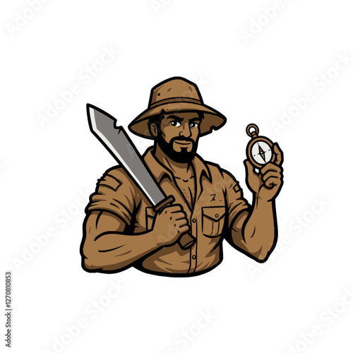 Wallpaper Mural Explorer Character Holding Machete and Compass in Adventure Outfit Illustration Torontodigital.ca