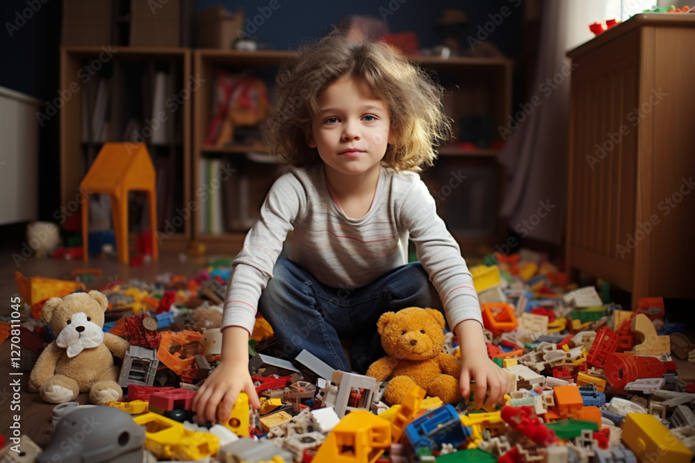 Fototapeta premium child in a room with toys scattered on the floor. mess. Generative AI