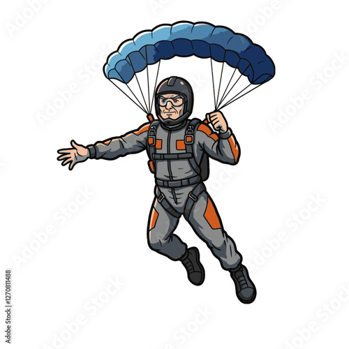 Cartoon Skydiver Character Wearing Parachute and Goggles in Mid-Air Action