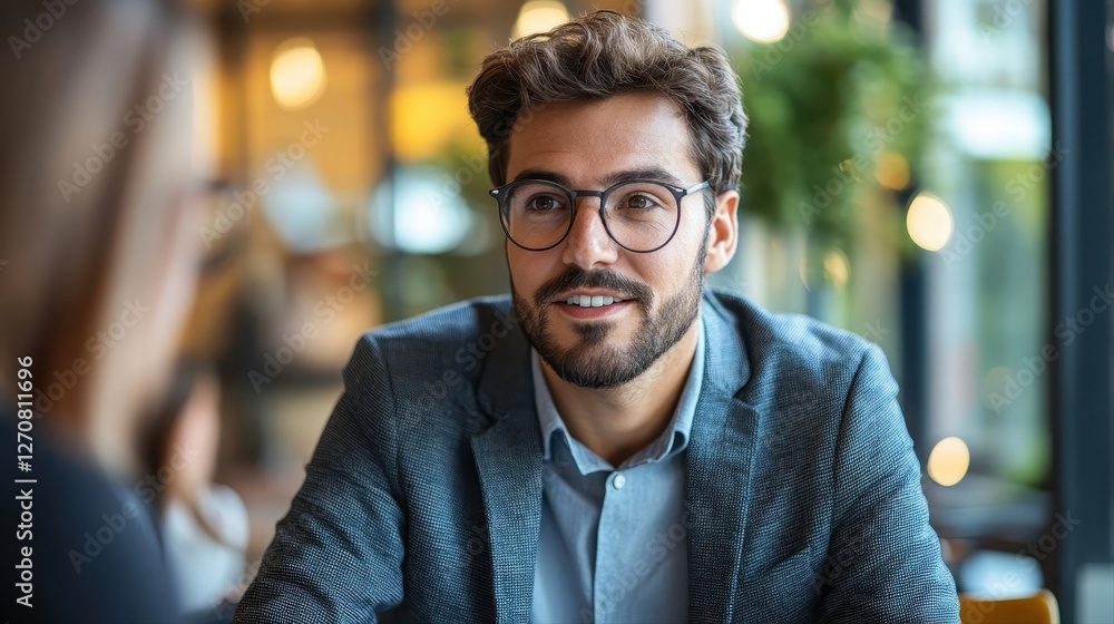 Obraz premium Man with glasses sitting at a table discussing funding proposal with startup team members