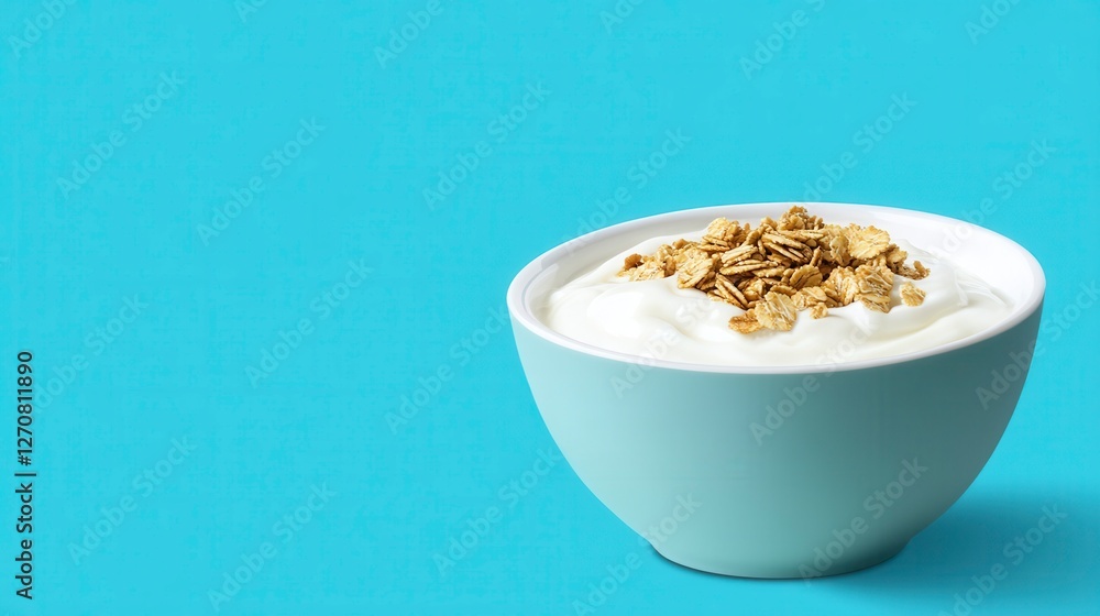 Minimalist Still Life of Yogurt with Granola in Light Blue Bowl on Blue Backdrop Minimalist Still Life of Yogurt with Granola in Light Blue Bowl on Blue Backdrop