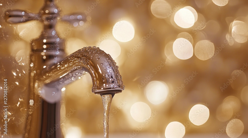 Naklejka premium Festive faucet, water flowing, bokeh lights, bathroom