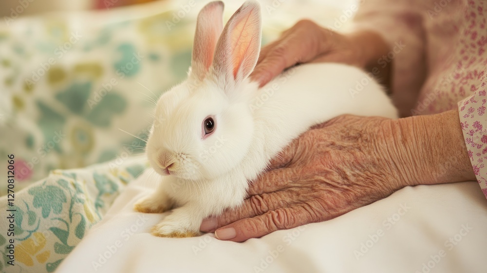 Elderly woman petting white rabbit on lap, bedroom background, animal therapy Elderly woman petting white rabbit on lap, bedroom background, animal therapy