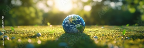 Earth globe resting on green grass under a warm sunset in a serene outdoor se...