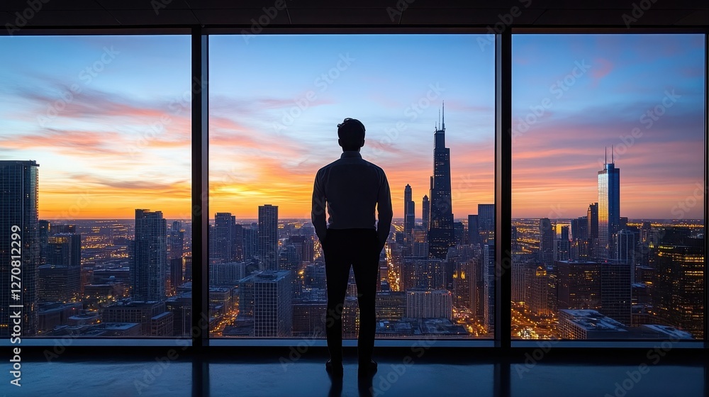 Man gazing out at city skyline through window reflecting on entrepreneurship and future opportunities Man gazing out at city skyline through window reflecting on entrepreneurship and future opportunities
