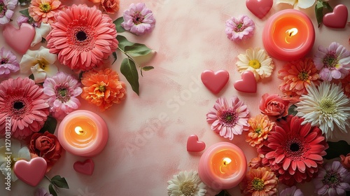 Colorful floral arrangement with candles and hearts for romantic celebration ...