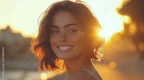 Bright smile of woman at sunset near beach with warm orange glow in background