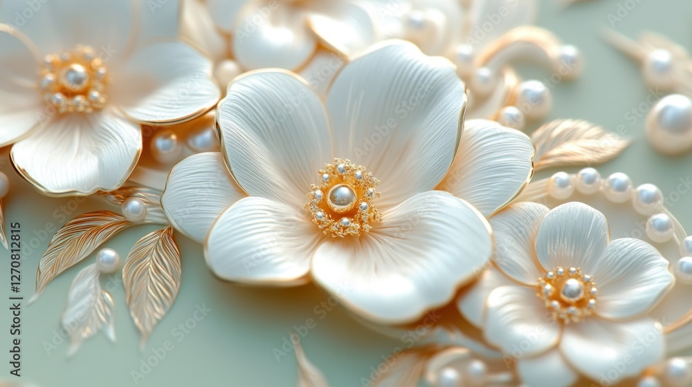 Fototapeta premium Elegant white flowers, pearls, gold leaves, pastel background; ideal for luxury wedding invitations