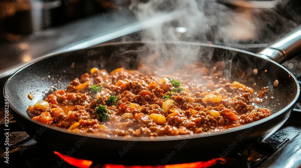 A sizzling pan of ground meat and vegetables, releasing steam while cooking. A sizzling pan of ground meat and vegetables, releasing steam while cooking.
