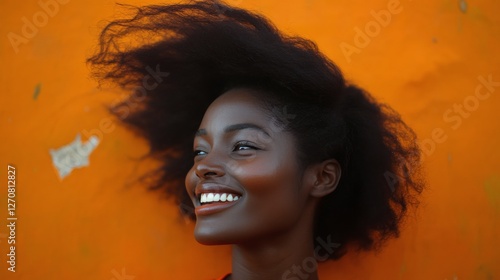 Smiling woman with long hair enjoying vibrant colors on a summer day