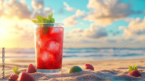 Refreshing beverage with mint and citrus during sunset at a tropical beach