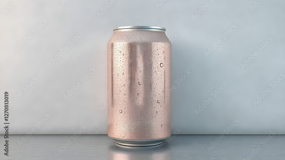 A sleek aluminum soda can mockup with water droplets, placed against a cold metallic background. The blank space on the can allows for custom branding, offering a realistic A sleek aluminum soda can mockup with water droplets, placed against a cold metallic background. The blank space on the can allows for custom branding, offering a realistic