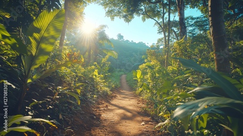Serene forest path illuminated by sunlight filtering through lush green foliage