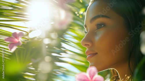 Young woman enjoying tranquility in a tropical setting with sunlight filterin...