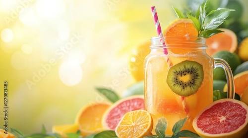 Refreshing summer drink with fruit slices in a jar placed outdoors during sun...