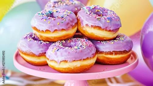 Wallpaper Mural Colorful donuts with purple icing and sprinkles on a pink stand at a festive celebration Torontodigital.ca
