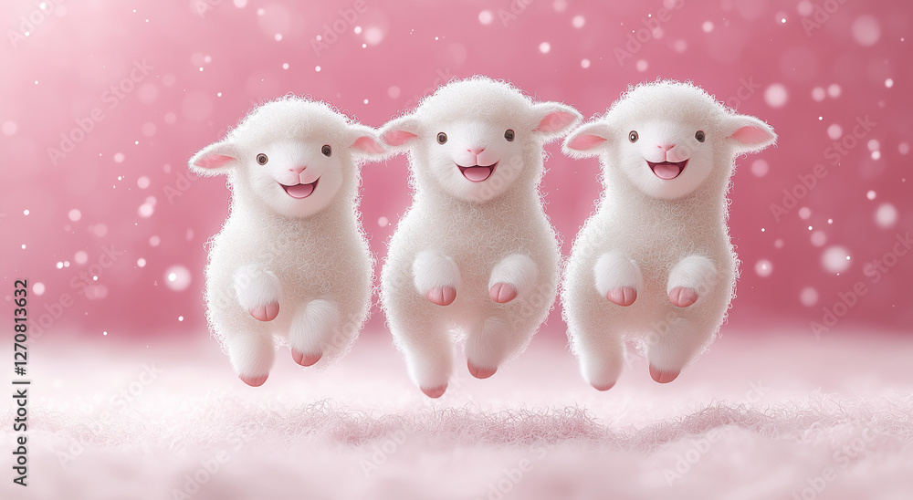 Three cute funny sheep jumping over pink background. Three cute funny sheep jumping over pink background.