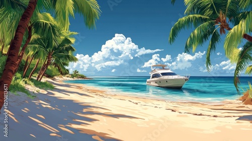 Luxurious yacht anchored in a tropical paradise under a clear blue sky