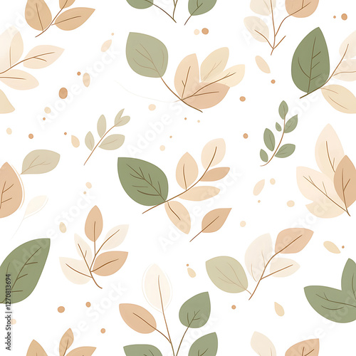 Seamless Floral Pattern with Beige and Green Leaves on White Background for Fabric Design