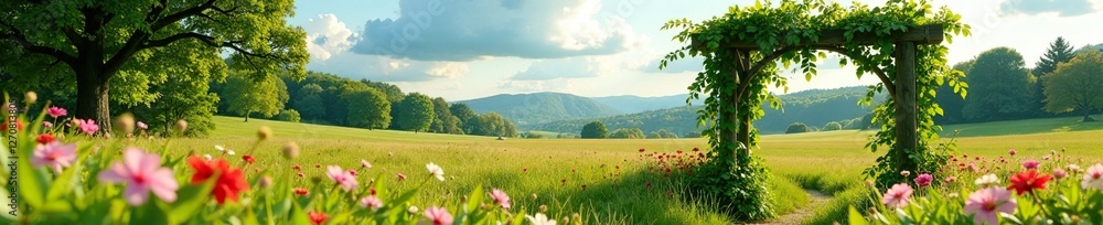 Wooden arbour with vines and flowers in a sunny meadow, color, field Wooden arbour with vines and flowers in a sunny meadow, color, field