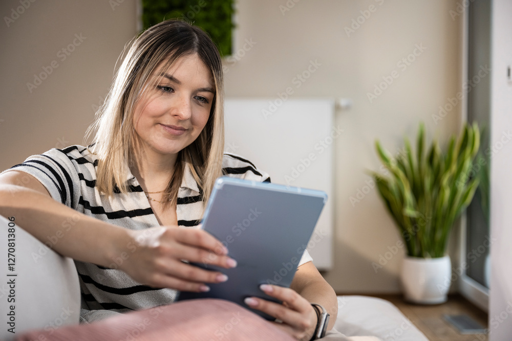 Smiling young woman using tablet PC at home Smiling young woman using tablet PC at home